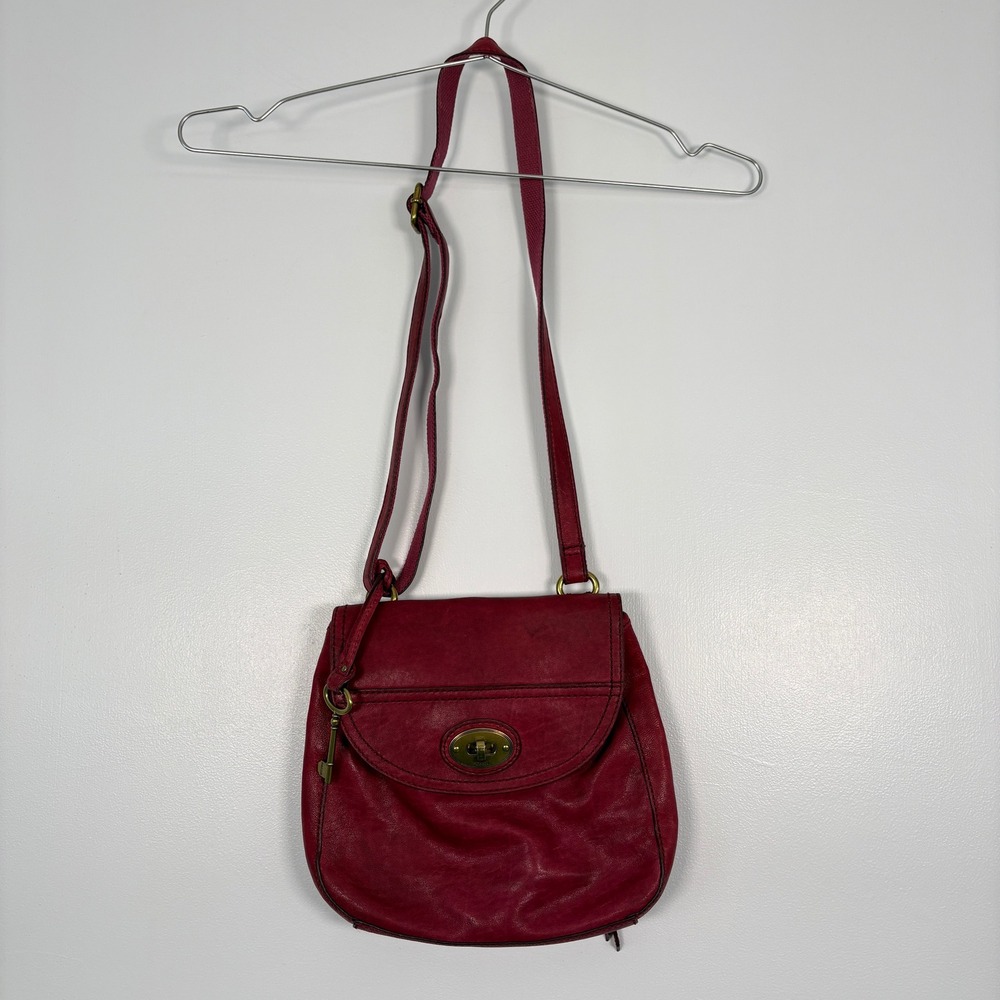 Fossil Womens Crossbody Bag Small Red Leather Turnlock Flap Built-in Wallet
